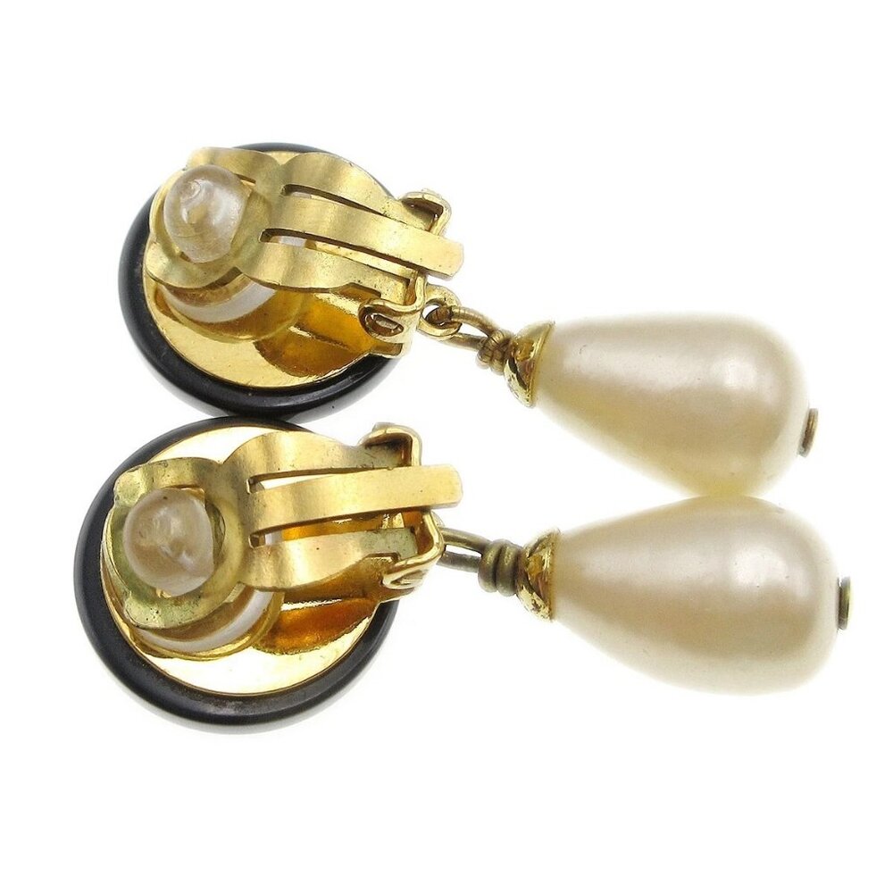 Chanel Artificial Pearl Dangle Earrings Clip-On Black 95P 24750 - Picture 3 of 4